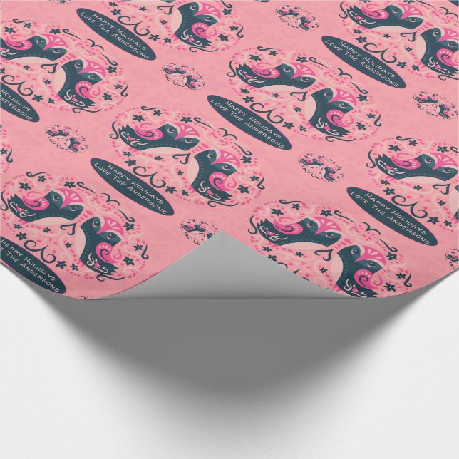 Scandinavian PINK Blue Folk Art Birds Named Wrapping Paper (Corner)