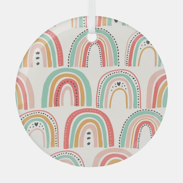 Scandinavian Rainbows: Naive Art Pattern. Glass Ornament (Front)