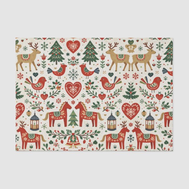 Scandinavian Red and Green Folk Christmas Pattern Tissue Paper (Front)