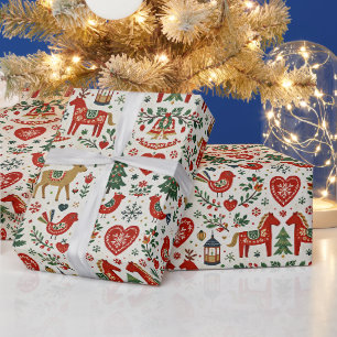 Scandinavian Red and Green Folk Christmas Pattern Wrapping Paper