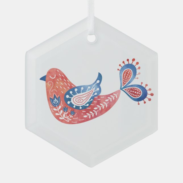 Scandinavian Red Bird Folk Art Glass Ornament (Front)