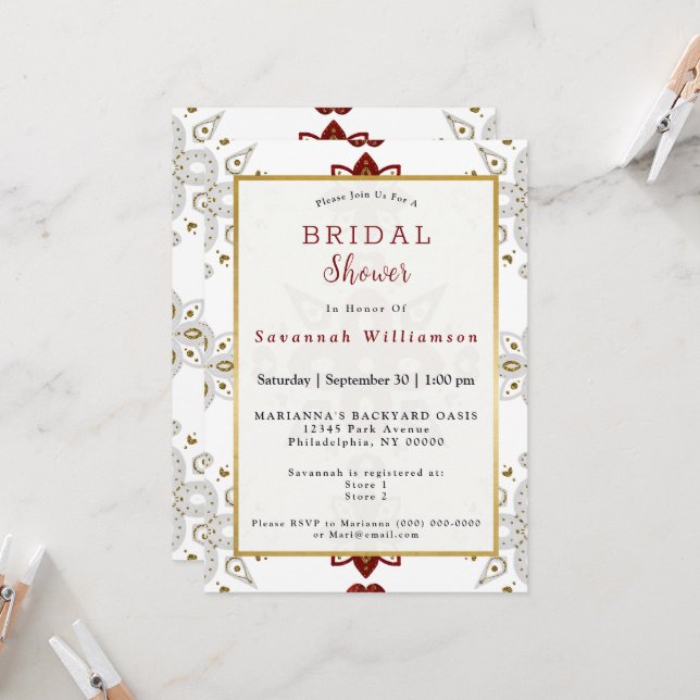Scandinavian Red Blue Gold Nordic Bridal Shower Invitation (Front/Back In Situ)