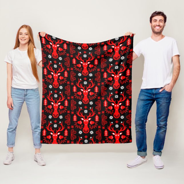 Scandinavian Red Christmas Deer Fleece Blanket (In Situ)