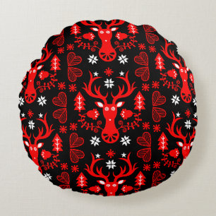 Scandinavian Red Christmas Deer Round Pillow