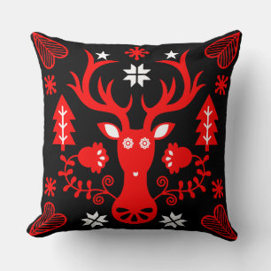 Scandinavian Red Christmas Deer Throw Pillow