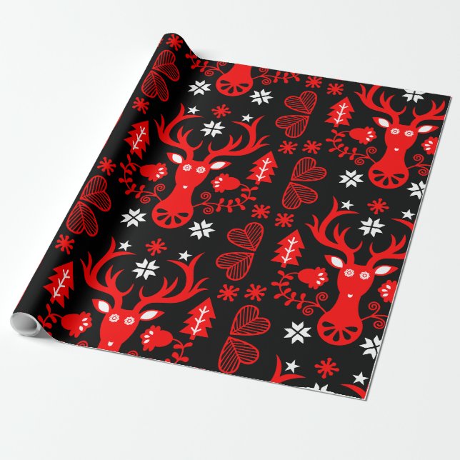 Scandinavian Red Christmas Deer Wrapping Paper (Unrolled)