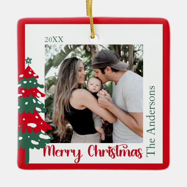 Scandinavian Red& Green One Photo Merry Christmas  Ceramic Ornament (Front)