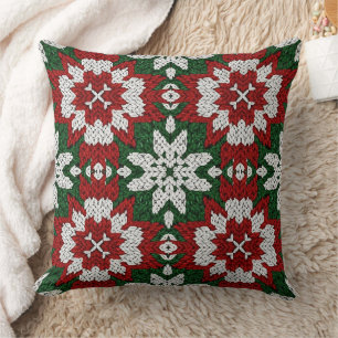 Scandinavian Red Green White Winter Knit Throw Pillow