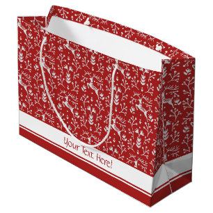 Scandinavian Red White Reindeer Floral Christmas Large Gift Bag