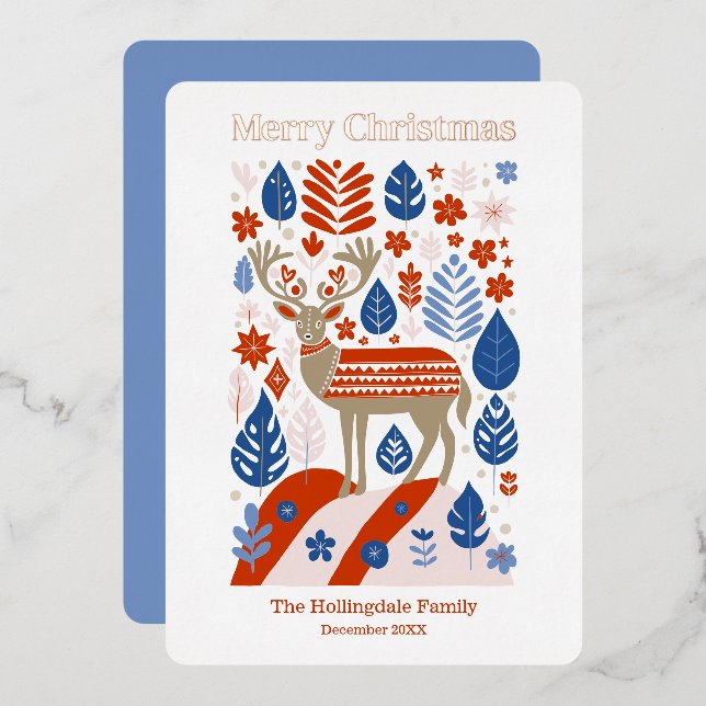 Scandinavian Reindeer Merry Christmas Rose Gold Foil Holiday Card (Front/Back)