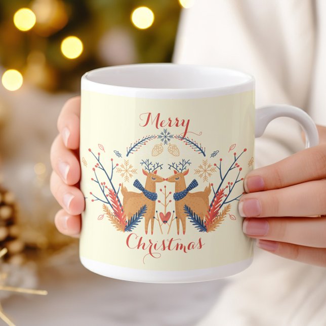 Scandinavian Reindeer Nordic Christmas Design Coffee Mug (Scandinavian Folk Woodland Deer - Cream - Coffee Mug)