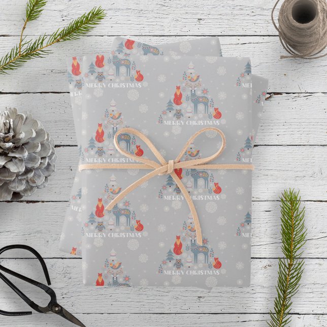 Scandinavian Reindeer Tree Floral Animal Snowflake Wrapping Paper Sheet (Creator Uploaded)