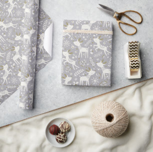 Scandinavian reindeer with flowers and snowflakes wrapping paper
