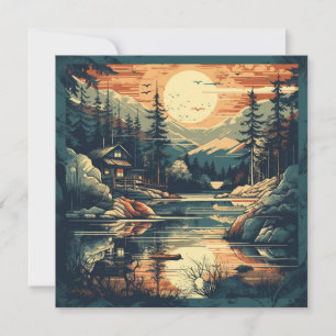 Scandinavian Retro Art mountain home Holiday Card