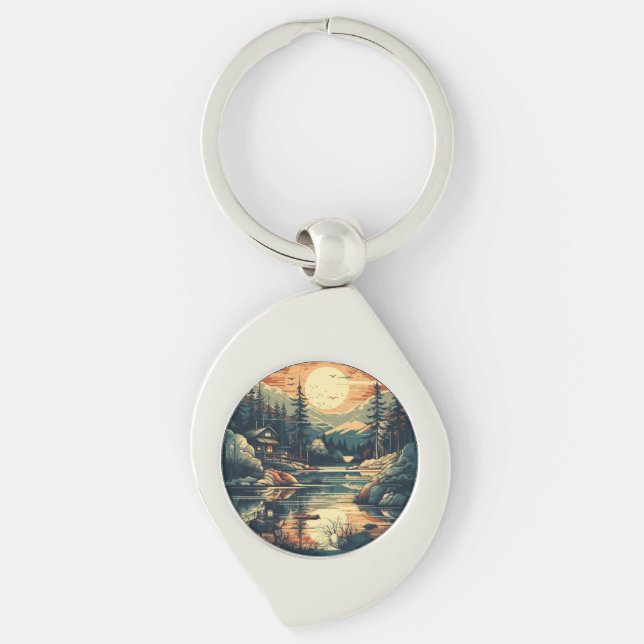 Scandinavian Retro Art mountain home Keychain (Front)