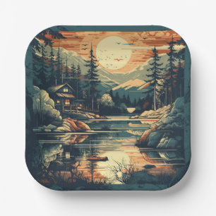 Scandinavian Retro Art mountain home Paper Plate