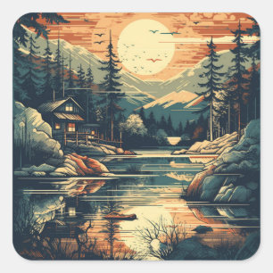 Scandinavian Retro Art mountain home Square Sticker