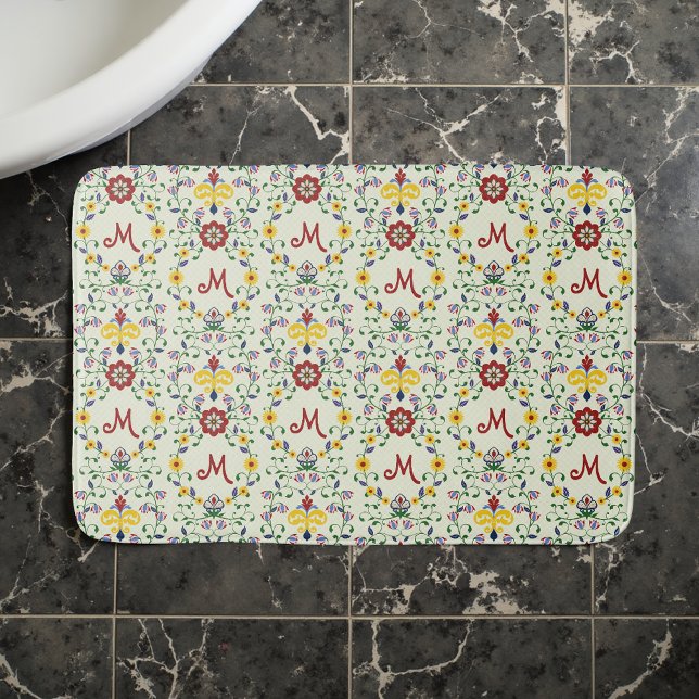 Scandinavian Rosemaling Monogram Pattern Nordic Bath Mat (Creator Uploaded)