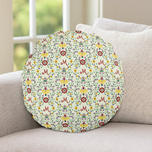 Scandinavian Rosemaling Monogram Pattern Nordic Round Pillow