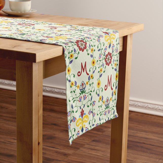 Scandinavian Rosemaling Monogram Pattern Nordic Short Table Runner (In Situ)