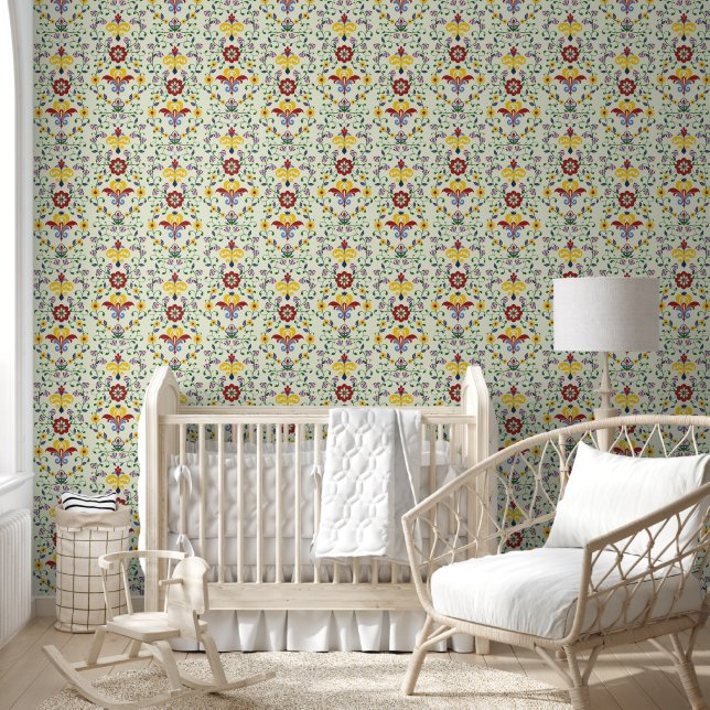 Scandinavian Rosemaling Pattern Nordic Floral Art Wallpaper (Kids)