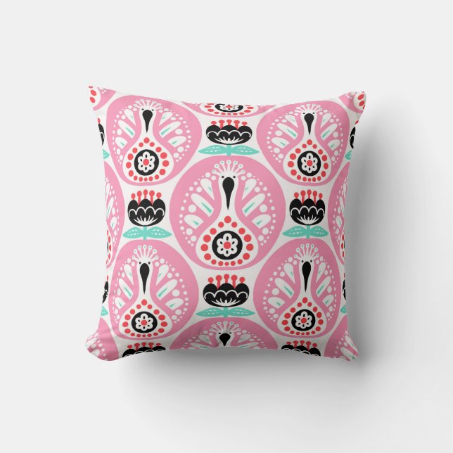 Scandinavian seamless folk art pattern with cute b throw pillow (Front)
