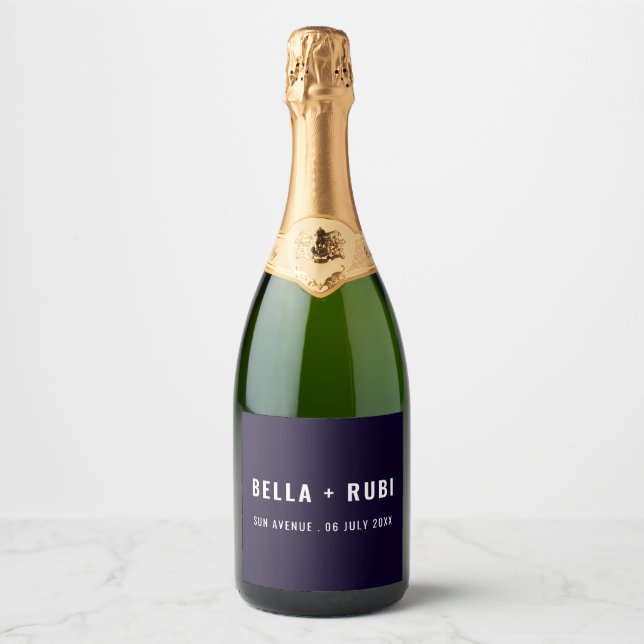 Scandinavian Smoke Blue Minimal Wedding Design Sparkling Wine Label (Front)