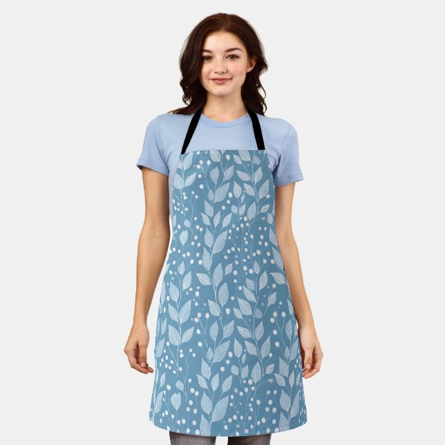 Scandinavian Soft Blue Leaf White Floral Pattern Apron (Worn)