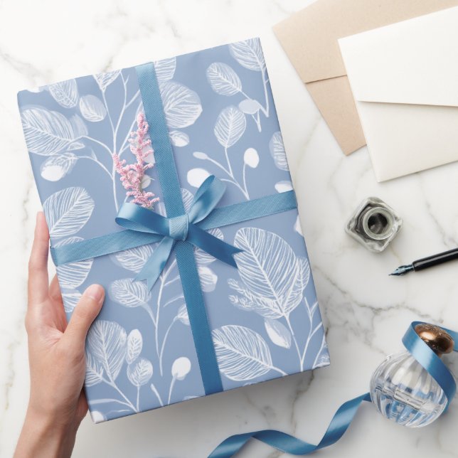 Scandinavian Soft Blue Leaf White Floral Pattern Wrapping Paper (Gifting)