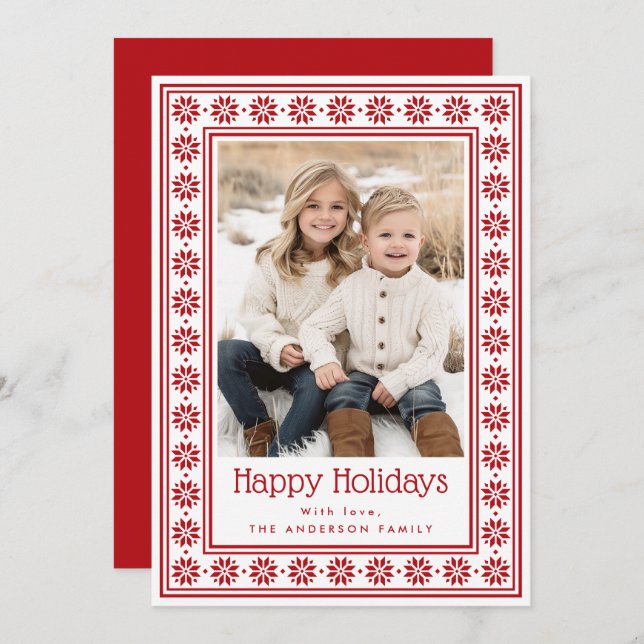 Scandinavian star pattern border Happy Holidays Holiday Card (Front/Back)