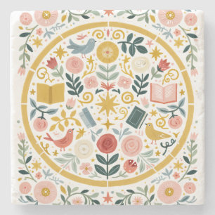 Scandinavian Storybook Birds and Flowers Stone Coaster