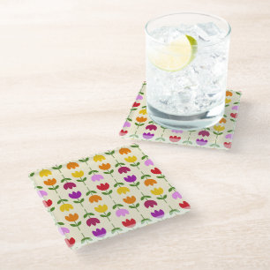 Scandinavian Style Colourful on Crm Flower Pattern Glass Coaster