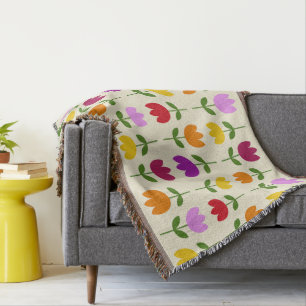Scandinavian Style Colourful on Crm Flower Pattern Throw Blanket