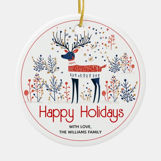 Scandinavian style deer, photo Christmas holiday Ceramic Ornament (Front)