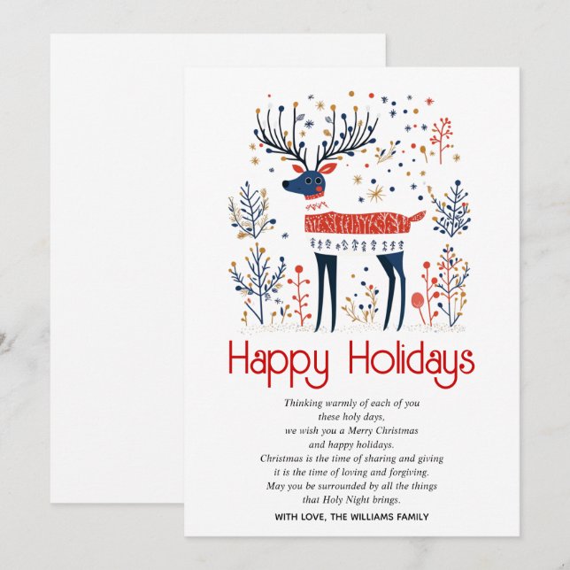 Scandinavian style deer red blue Christmas  Holiday Card (Front/Back)