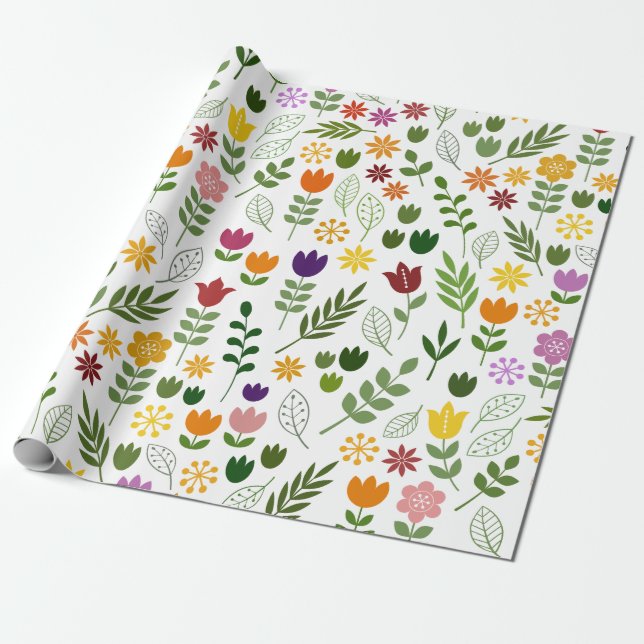 Scandinavian Style Flora & Fauna Pattern Wrapping Paper (Unrolled)