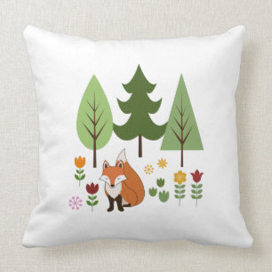 Scandinavian Style Fox Flowers Trees and Text Throw Pillow