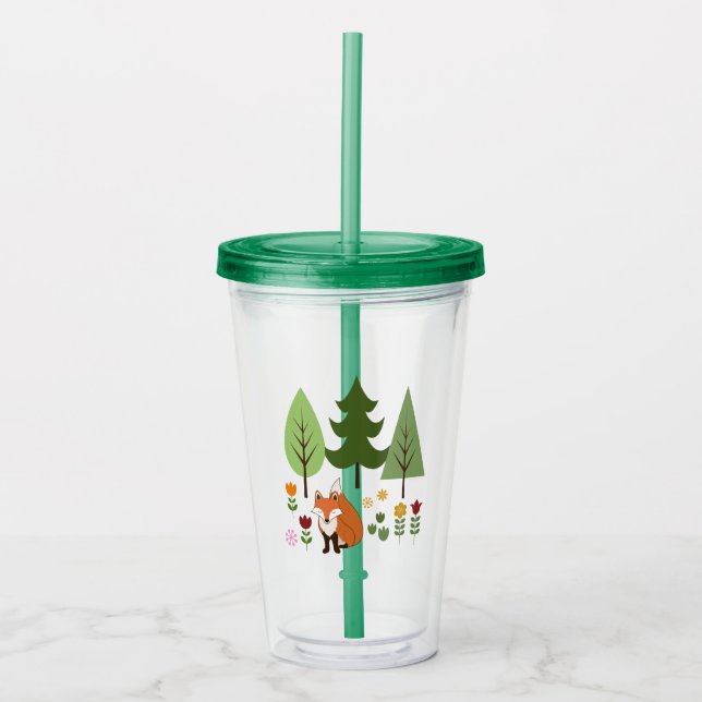 Scandinavian Style Fox Flowers Trees Illustration Acrylic Tumbler (Front)