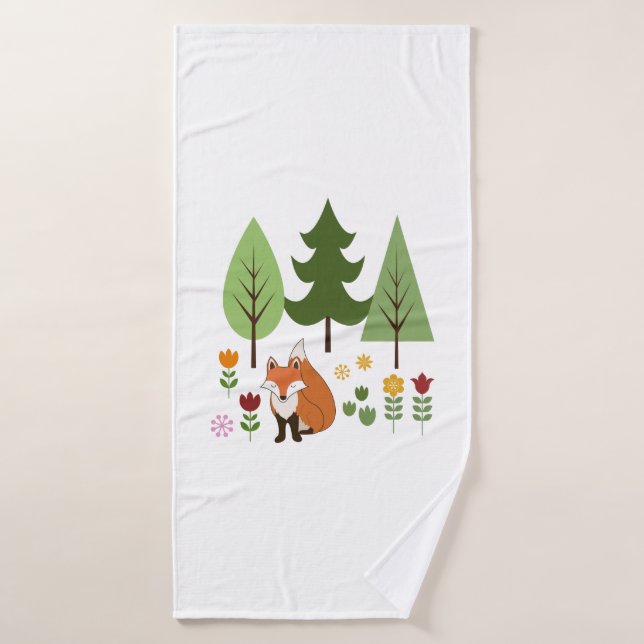 Scandinavian Style Fox Flowers Trees Illustration Bath Towel (Bath Towel)