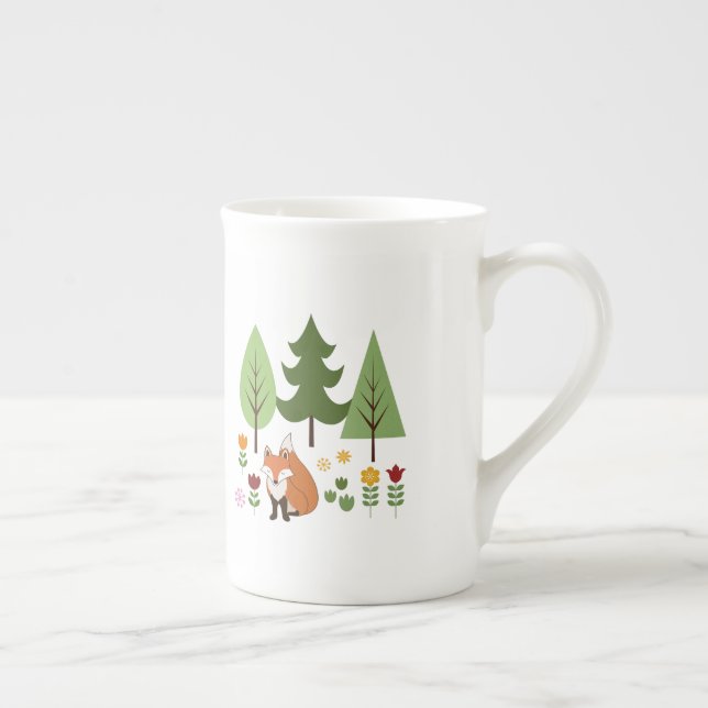 Scandinavian Style Fox Flowers Trees Illustration  Bone China Mug (Right)