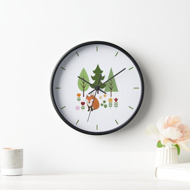 Scandinavian Style Fox Flowers Trees Illustration Clock (Home)