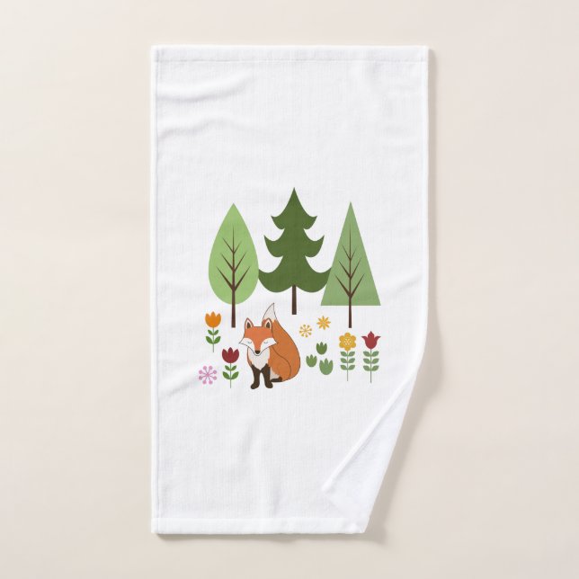 Scandinavian Style Fox Flowers Trees Illustration Hand Towel (Hand Towel)