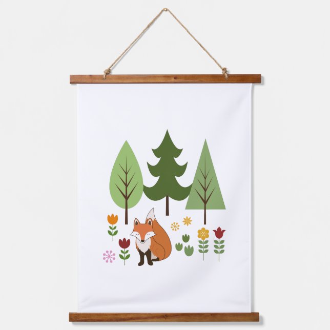 Scandinavian Style Fox Flowers Trees Illustration Hanging Tapestry (Front)