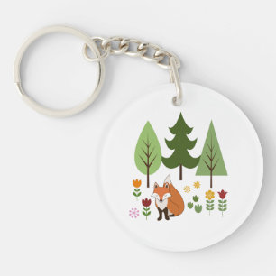 Scandinavian Style Fox Flowers Trees Illustration Keychain