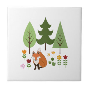Scandinavian Style Fox Flowers Trees Illustration Tile