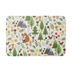 Scandinavian Style Illustrations on Cream Pattern Bath Mat