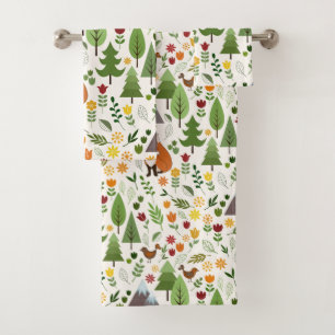 Scandinavian Style Illustrations on Cream Pattern Bath Towel Set