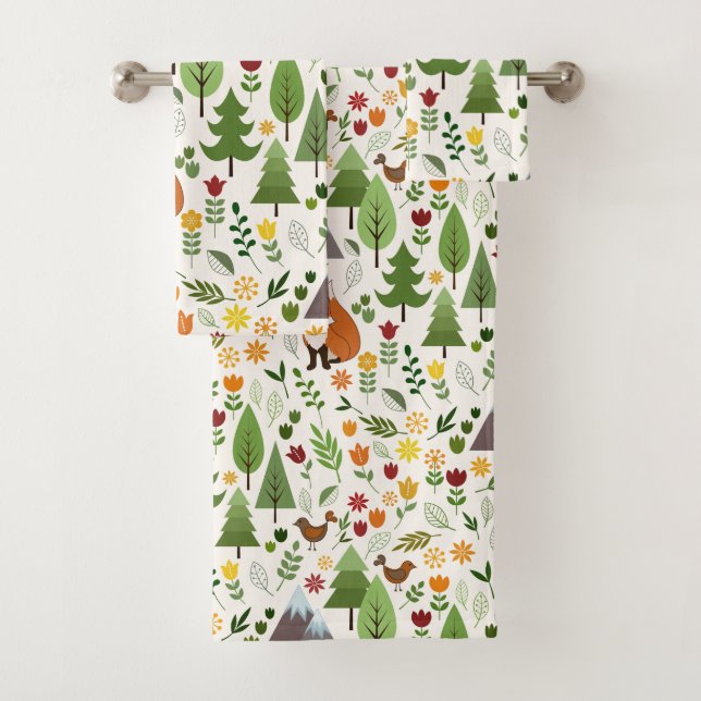 Scandinavian Style Illustrations on Cream Pattern Bath Towel Set (Insitu)