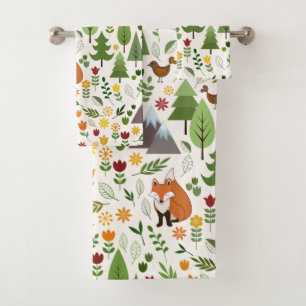 Scandinavian Style Illustrations on Cream Pattern Bath Towel Set
