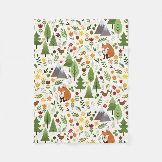 Scandinavian Style Illustrations on Cream Pattern Fleece Blanket (Front)